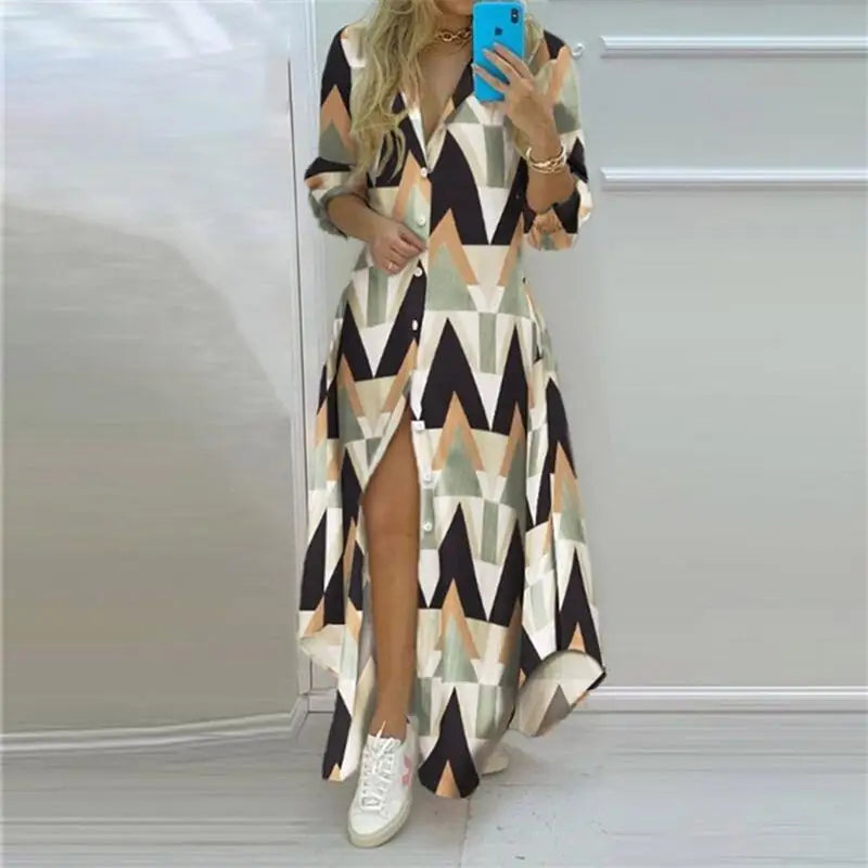 Flowing Printed Maxi Shirt Dress