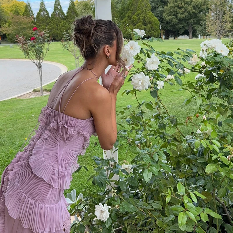 Lilac Pleated Ruffle Halter Maxi Dress