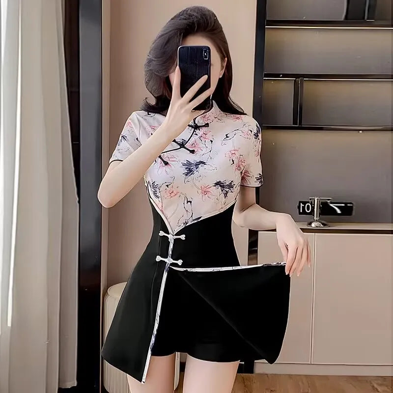 Floral Mandarin Collar Mini Dress
