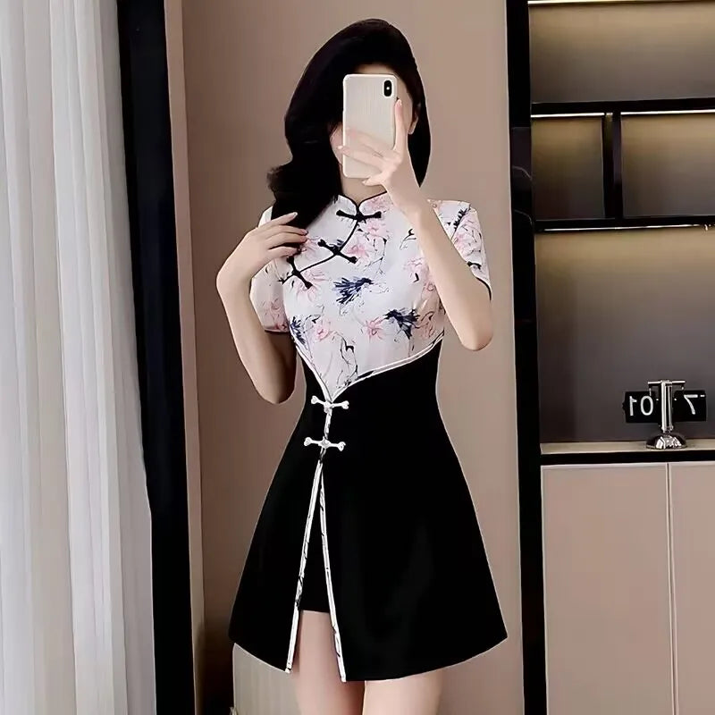 Floral Mandarin Collar Mini Dress
