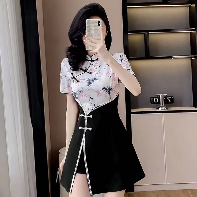 Floral Mandarin Collar Mini Dress