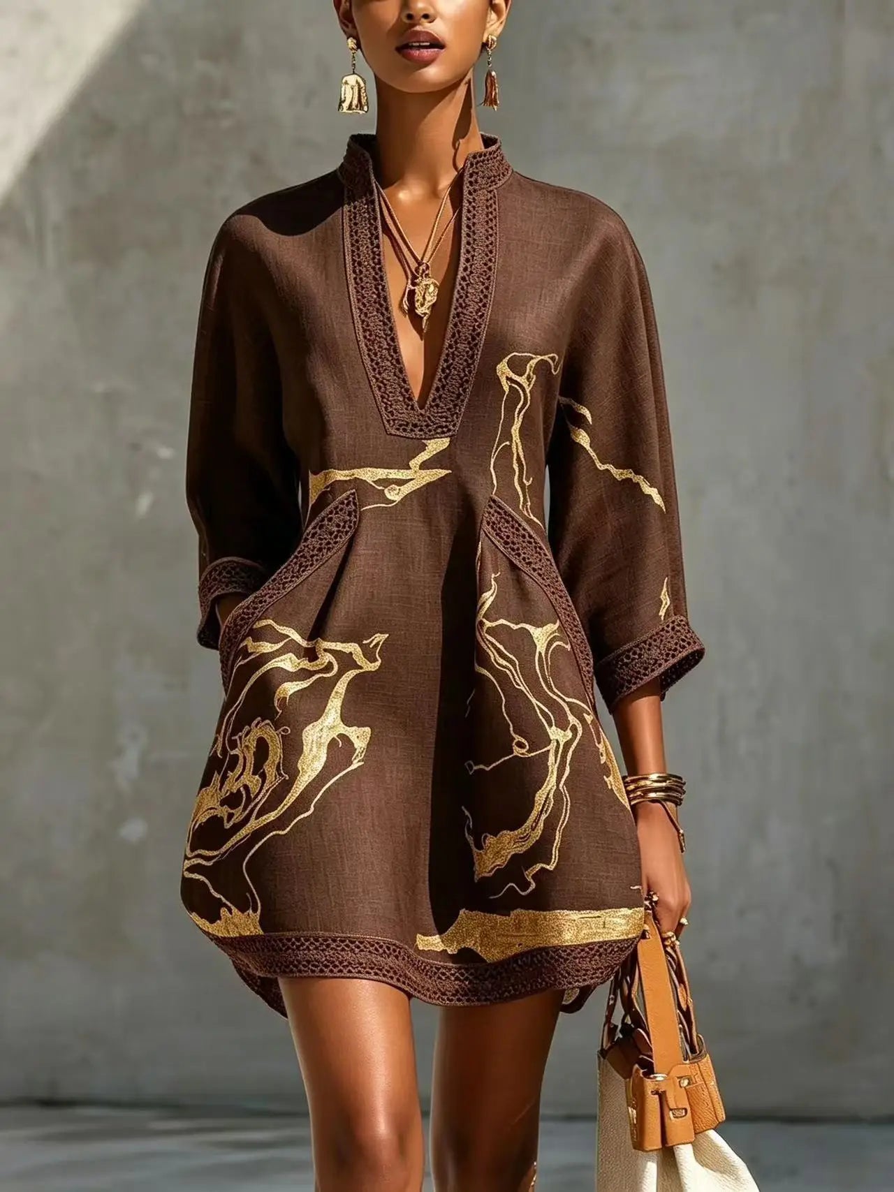 Gold Print Tunic Mini Dress