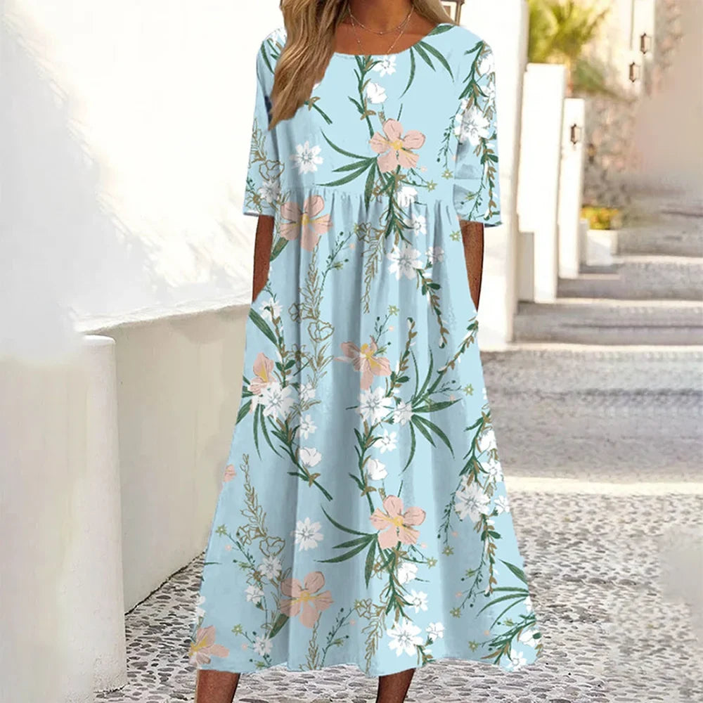 Blue Floral Print A-Line Dress