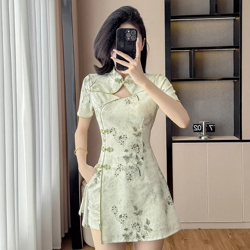 Floral Print Cheongsam Mini Dress