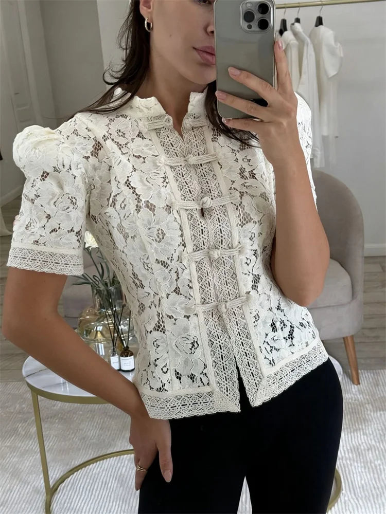 Floral Lace Frog Closure Blouse