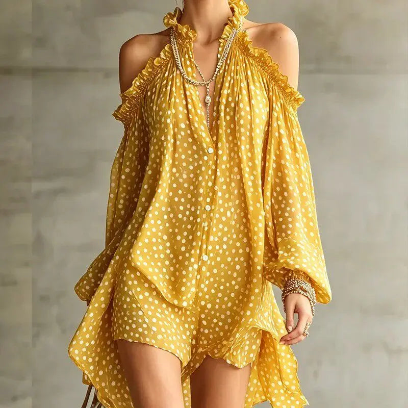 Olive Polka Dot Cold-Shoulder Dress