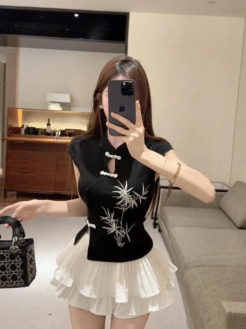Pink Embroidered Mandarin Collar Top