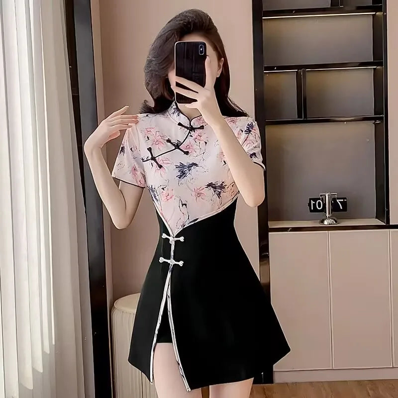 Floral Mandarin Collar Mini Dress