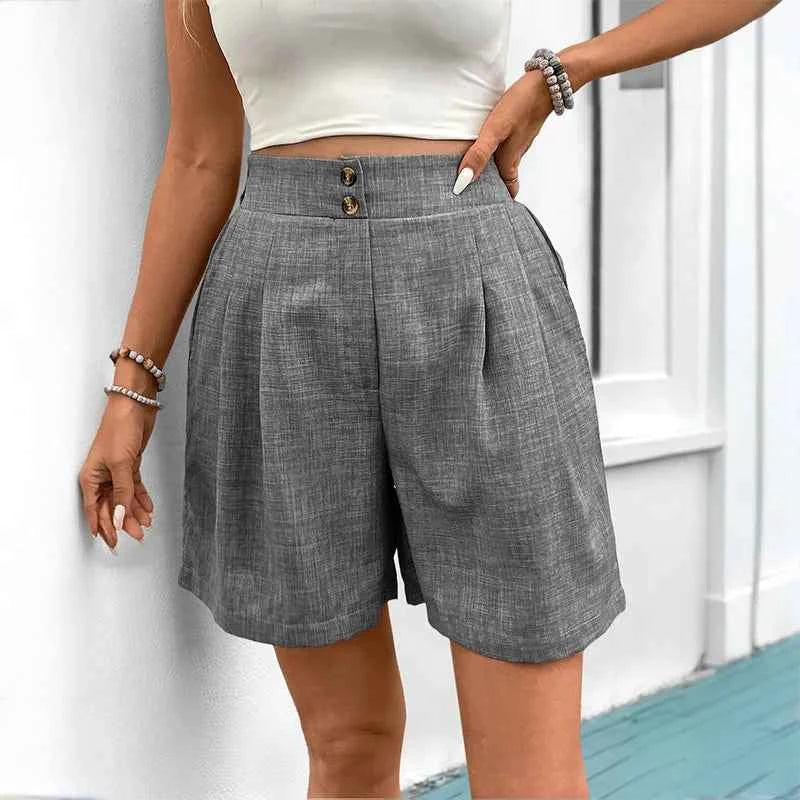 Blue Pleated High-Waisted Shorts