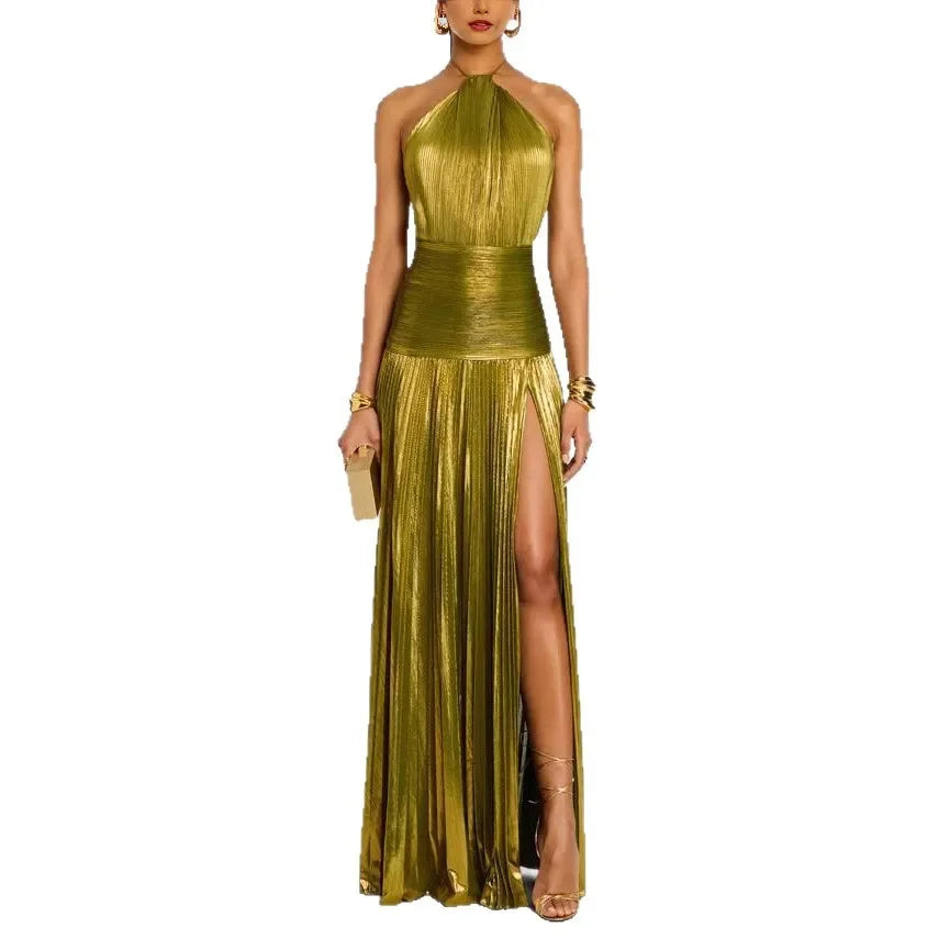 Metallic Pleated Halter Maxi Dress